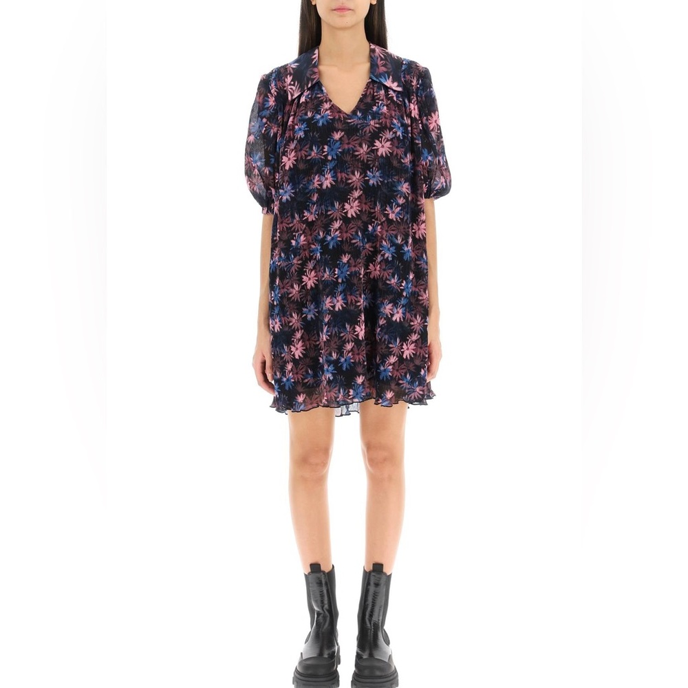 NWT Ganni Pleated Floral Georgette V-Neck Mini Dress Size 34